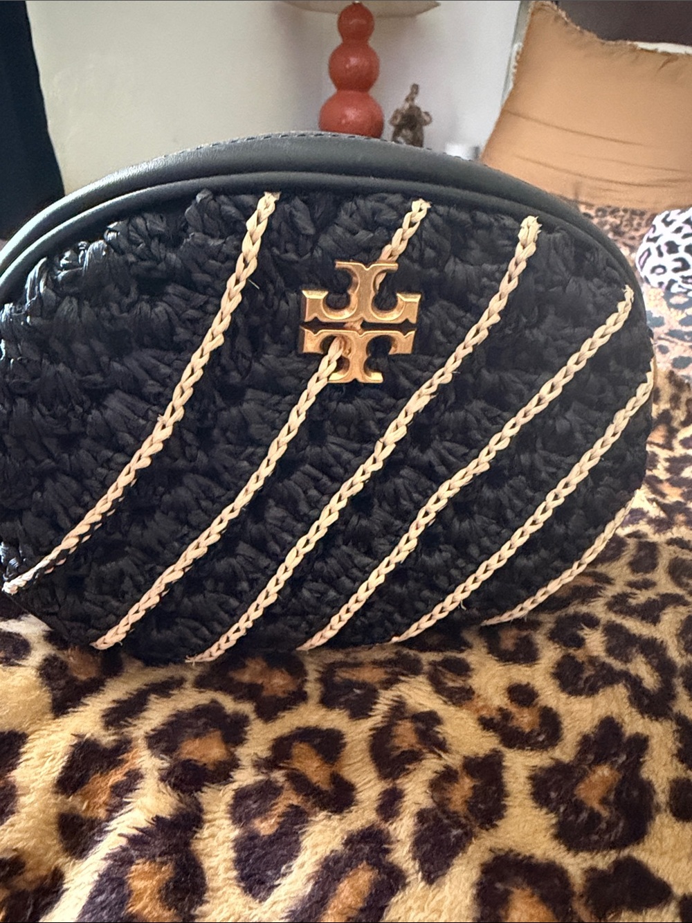 Tory Burch Black Woven Clutch with Gold Logo and Cream Braided Detail